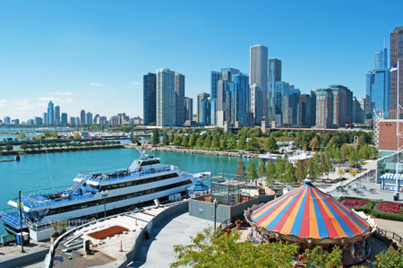 Chicago skyline and Navy Pier's carousel, September 22, 2014のeditorial素材