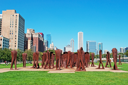Chicago skyline and Agora sculptures by Magdalena Abakanowicz in Grant Park on September 22, 2014の写真素材