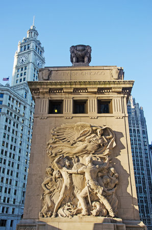 Chicago: City inscription on Michigan Avenue Bridge and Wrigley Building on September 22, 2014のeditorial素材