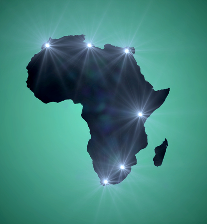 Map of Africa with major cities marked with a lightの写真素材