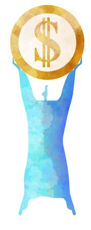 Person with a dollar coin in hand, the person who rejoices, stylized silhouette of a person with a coin in his handsの写真素材