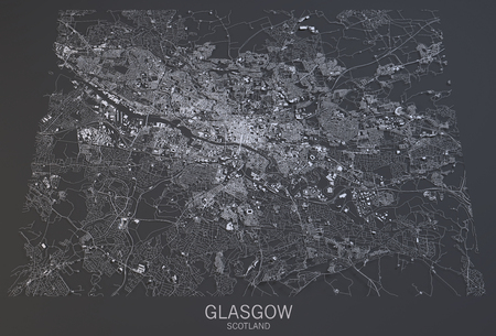 Glasgow map, satellite view, Scotland, 3d renderingの写真素材