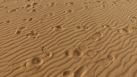 Footprints on sand dune, grains of sand, Corralejo, natural park. Fuerteventura. Canary Islands, Spainの写真素材