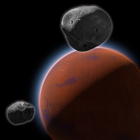 Mars, soil crust, Phobos and Deimos Mars moon, space, solar system.の写真素材