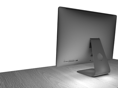 A computer seen from behind on a wooden table. Cables input. 3d renderingの写真素材