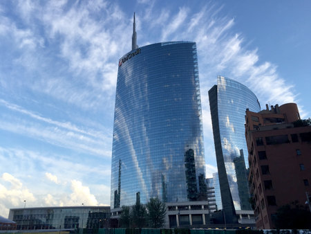 Unicredit Tower, Piazza Gae Aulenti, Milan, Italy. 04/15/2016. View of Unicredit Tower, the tallest skyscraper in Italy.のeditorial素材