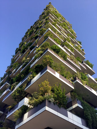 Vertical Forest, Milan, Porta Nuova skyscraper residences, Italy, April 15, 2016. View of the balconies and terraces of the Vertical Forest, full of green plantsのeditorial素材