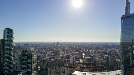 Aerial view of the center of Milan, panoramic view of south side of Milan, Italy, Jan. 6, 2017. New Milan skyline, aerial view from Porta Nuovaのeditorial素材