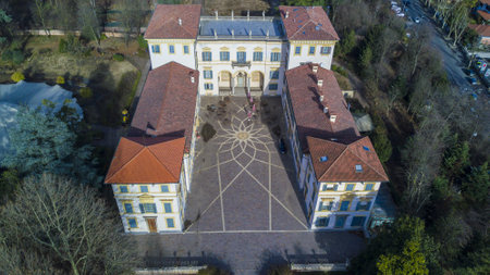Villa Borromeo, 01.14.2017, Senago, Italy. Aerial view of the Villa Borromeo. Ancient home of the XIV century surrounded by a parkのeditorial素材
