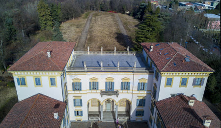 Villa Borromeo, 01.14.2017, Senago, Italy. Aerial view of the Villa Borromeo. Ancient home of the XIV century surrounded by a parkのeditorial素材