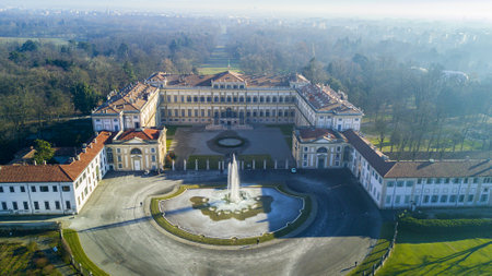 Villa Reale, Monza, Italy. Aerial view of the Villa Reale 15/01/2017. Royal gardens and park of Monza. Palace, neoclassical buildingのeditorial素材