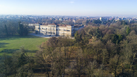 Villa Reale, Monza, Italy. Aerial view of the Villa Reale 15/01/2017. Royal gardens and park of Monza. Palace, neoclassical buildingのeditorial素材