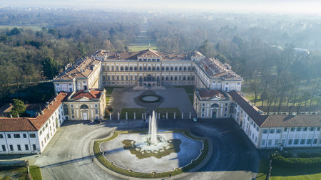 Villa Reale, Monza, Italy. Aerial view of the Villa Reale 15/01/2017. Royal gardens and park of Monza. Palace, neoclassical buildingのeditorial素材