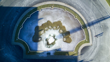 Frozen fountain view from above, Villa Reale, Monza, Italy. 15/01/2017. Royal gardens and park of Monza.のeditorial素材