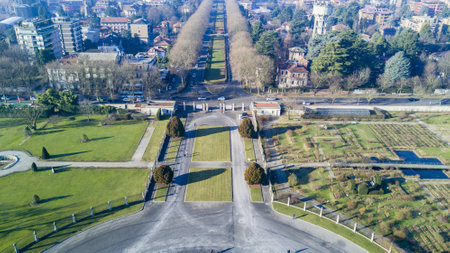 Garden Villa Reale, Monza, Italy. Aerial view of the Villa Reale 15/01/2017. Royal gardens and park of Monza. Palace, neoclassical buildingのeditorial素材