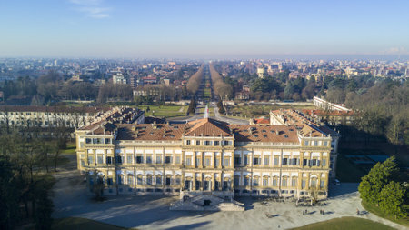 Villa Reale, Monza, Italy. Aerial view of the Villa Reale 15/01/2017. Royal gardens and park of Monza. Palace, neoclassical buildingのeditorial素材