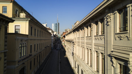 Via Solferino Milan, top view, Unicredit Tower, headquarters of Corriere della Sera and Ubi Banca, January 8, 2017. Italyのeditorial素材