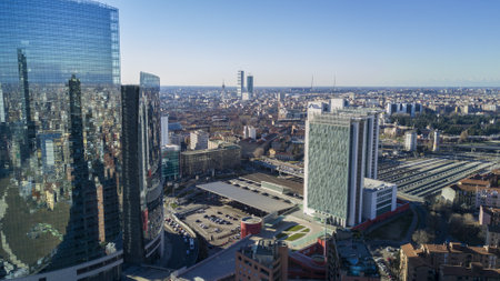Unicredit Tower and Garibaldi Station, Milan, Porta Nuova skyscraper residences, Italy, January 6, 2017.のeditorial素材