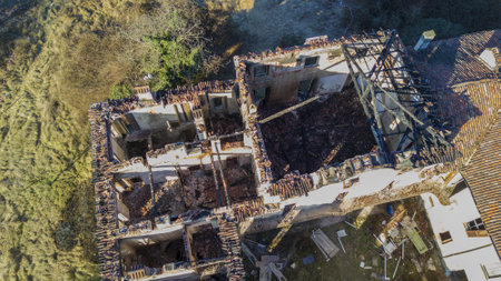 Villa Medolago Rasin, Limbiate January 18, 2017, aerial view of the '700 villa after the fire of January 6. Roof burned, Villa in a state of neglect. Italyのeditorial素材