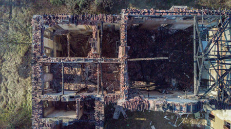 Villa of the eighteenth century European style after the fire has burned That Villa Medolago Rasin, Limbiate January 18, 2017, aerial view of the '700 villa after the fire of January 6. Roof burned, Villa in a state of neglect. Italyのeditorial素材