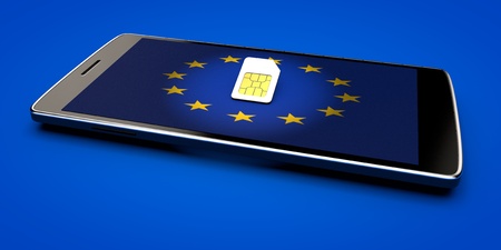 Mobile Phone and SIM card, abolition of roaming in the European Union. Europe flagの写真素材