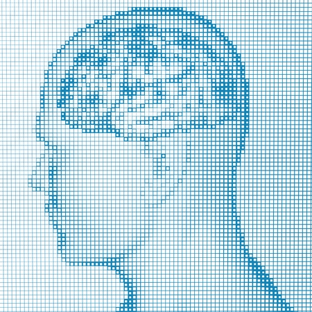 Brain degenerative diseases, Parkinson's, body, face. side face with the brain formed by pixelsの写真素材