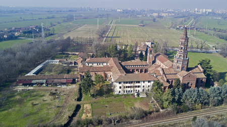 Panoramic view of Monastery of Clairvaux Abbey, aerial view, Milan, Lombardyの写真素材