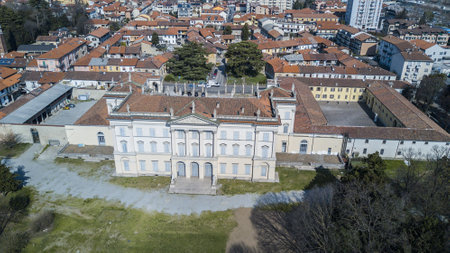 Villa, Tittoni Cusani Traversi, panoramic view, aerial view, Desio, Monza and Brianza, Milan, Italyのeditorial素材
