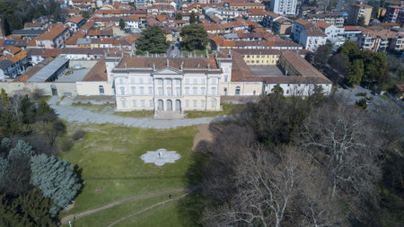 Villa, Tittoni Cusani Traversi, panoramic view, aerial view, Desio, Monza and Brianza, Milan, Italyのeditorial素材