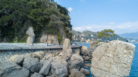 The Rock of Cadrega, maritime pine tree, aerial view, waterfront between Santa Margherita Ligure and Portofino, Paraggi, Liguria, Italyの写真素材