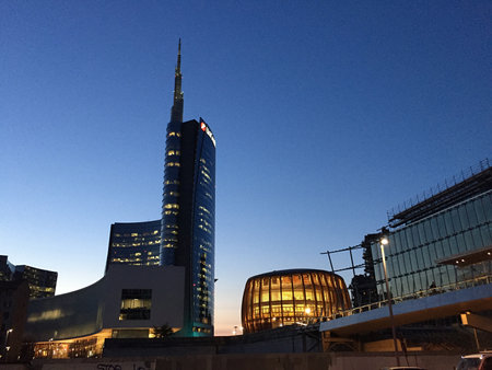 Unicredit Tower and Pavilion Unicredit, Piazza Gae Aulenti, Milan, Italy. 03/29/2017. View of Unicredit Tower, the tallest skyscraper in Italy.のeditorial素材