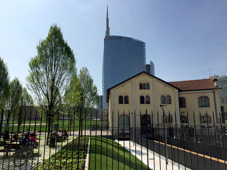 Riccardo Catella Foundation, Unicredit tower, Library of trees, new park in Milan, skyscrapers. March 30, 2017 Lombardy, Italyのeditorial素材