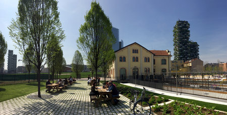 Riccardo Catella Foundation, Unicredit tower and Vertical Forest, Library of trees, new park in Milan, skyscrapers. March 30, 2017 Lombardy, Italyのeditorial素材