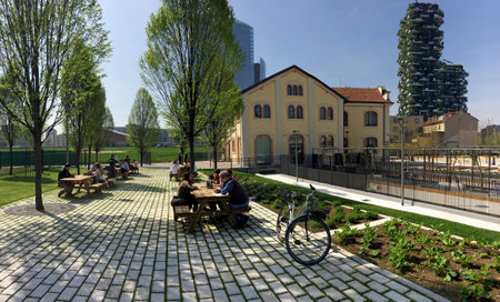 Riccardo Catella Foundation, Unicredit tower and Vertical Forest, Library of trees, new park in Milan, skyscrapers. March 30, 2017 Lombardy, Italyのeditorial素材