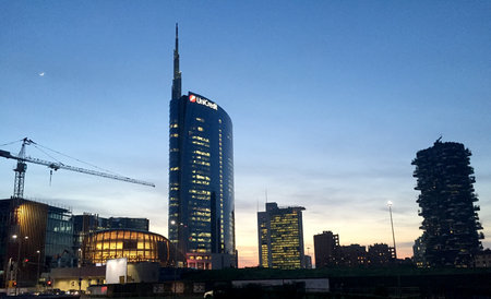 Unicredit Tower and Pavilion Unicredit, Piazza Gae Aulenti, Milan, Italy. 03/29/2017. View of Unicredit Tower, the tallest skyscraper in Italy. Vertical forestのeditorial素材