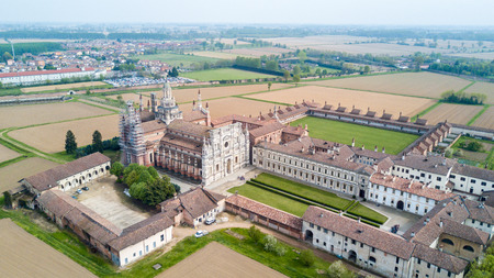 Aerial view of the Certosa di Pavia, built in the late fourteenth century, courts and the cloister of the monastery and shrine in the province of Pavia, Lombardia, Italy.の写真素材