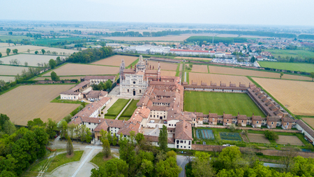 Aerial view of the Certosa di Pavia, built in the late fourteenth century, courts and the cloister of the monastery and shrine in the province of Pavia, Lombardia, Italy.の写真素材