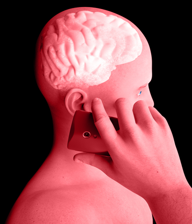 Brain, Man with Cell Phone, Brain Problems, Causes Of Tumor, Degenerative Diseases, Parkinson's, Profile Face. 3d renderingの写真素材