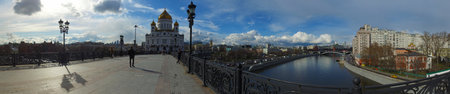 Panoramic view of the Cathedral of Christ the Savior and Patriarch Bridge, Moscow, Russia. April,...