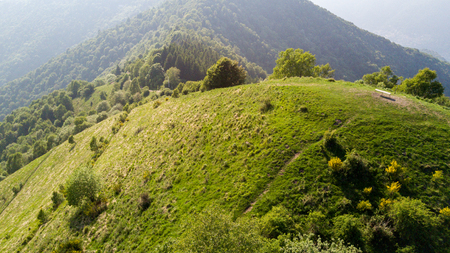 Aerial view of a path leading to Monte Boletto, Alps, near Lake Como. Como, Brunate, Lombardy,...