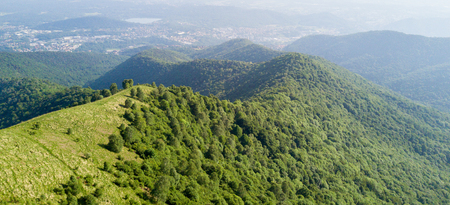 Aerial view of a path leading to Monte Boletto, Alps, near Lake Como. Como, Brunate, Lombardy, Italy. Shed on the topの写真素材