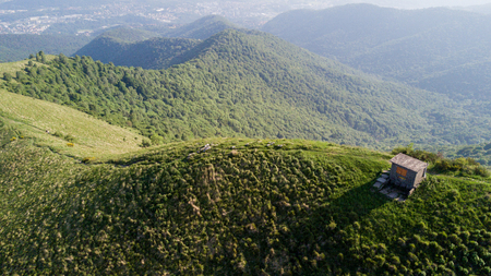 Aerial view of a path leading to Monte Boletto, Alps, near Lake Como. Como, Brunate, Lombardy, Italy. Day of fogの写真素材