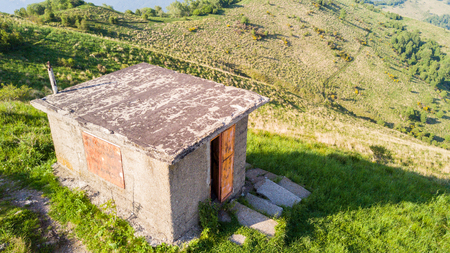 Aerial view of a path leading to Monte Boletto, Alps, near Lake Como. Como, Brunate, Lombardy, Italy. Shed on the topの写真素材
