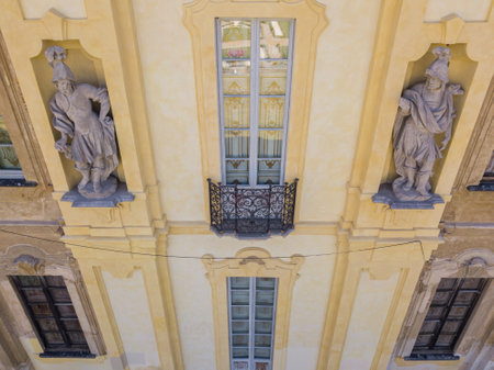 Details of the Arconati villa, statue windows and balconies. Villa Arconati, Castellazzo, Bollate, Milan, Italy. Aerial view of Villa Arconati 17/06/2017. Gardens and park, Groane Park. Palace, baroque style palace, streets and trees seen from aboveのeditorial素材