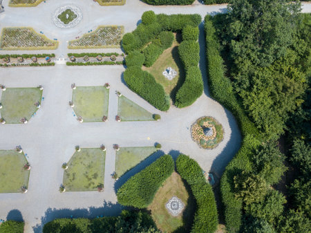 Aerial view of a statue and a flowering garden with flowerbeds and vases, Villa Arconati, Castellazzo, Bollate, Milan, Italyのeditorial素材