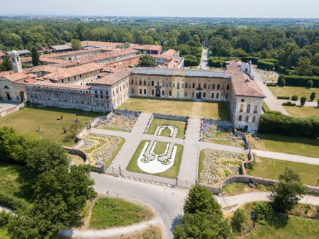Villa Arconati, Castellazzo, Bollate, Milan, Italy. Aerial view of Villa Arconati 21/06/2017. Gardens and park, Groane Park. Palace, baroque style palace, streets and trees seen from aboveのeditorial素材