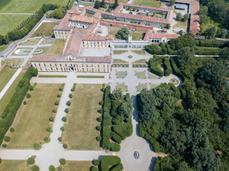 Villa Arconati, Castellazzo, Bollate, Milan, Italy. Aerial view of Villa Arconati 21/06/2017. Gardens and park, Groane Park. Palace, baroque style palace, streets and trees seen from aboveのeditorial素材
