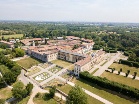 Villa Arconati, Castellazzo, Bollate, Milan, Italy. Aerial view of Villa Arconati 21/06/2017. Gardens and park, Groane Park. Palace, baroque style palace, streets and trees seen from aboveのeditorial素材