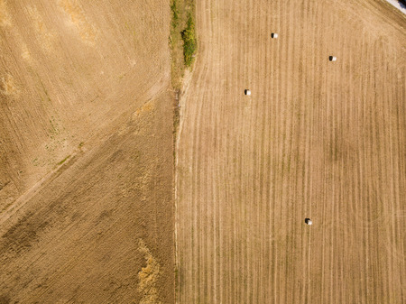 Nature and landscape: Aerial view of a field, plowed field, cultivation, green grass, countryside, farming, haystacks, hay balesの写真素材
