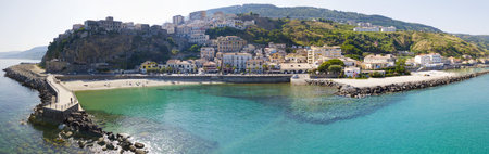 Aerial view of Pizzo Calabro, pier, castle, Calabria, tourism Italy. Panoramic view of the small town of Pizzo Calabro by the sea. Houses on the rock. On the cliff stands the Aragonese castleのeditorial素材